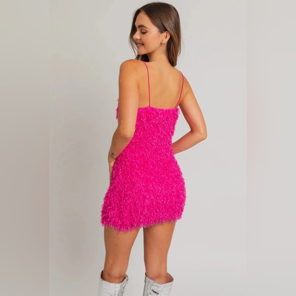 Pink Bodycon Spaghetti Strap Fringe Texture Mini Dress - Picture 2 of 3